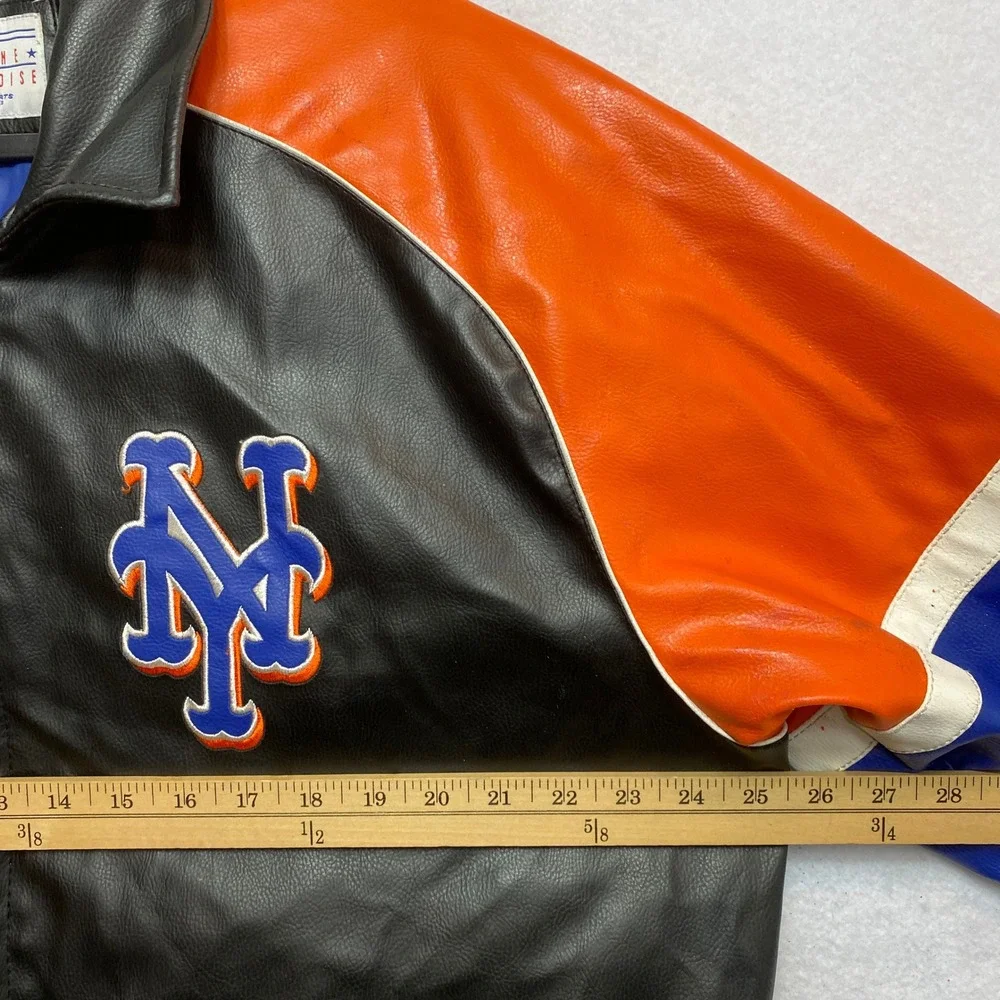 New York Mets Jacket Mens Large Black Faux Leather Varsity Bomber G-III Sports